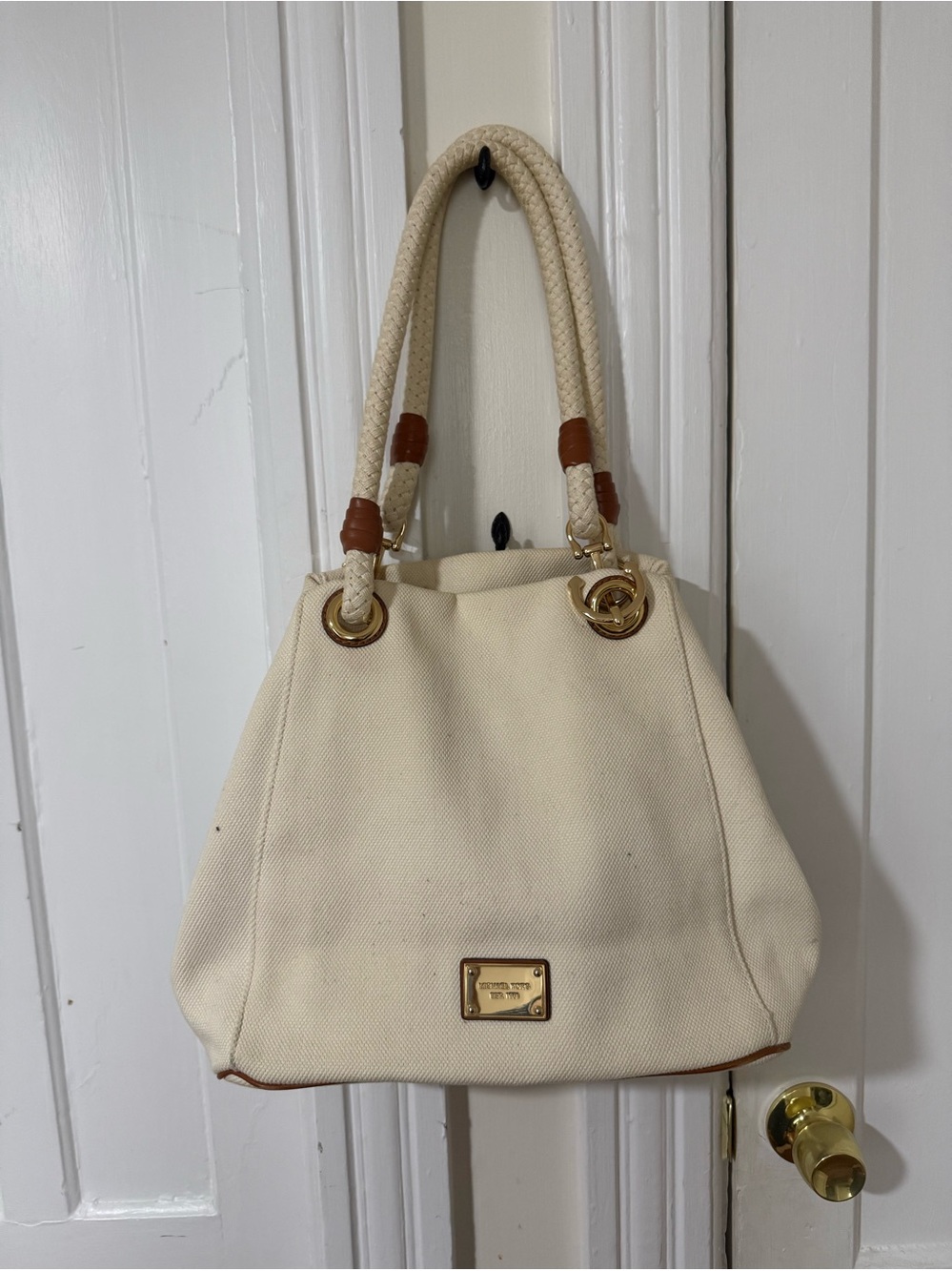 Michael Kors Marina Canvas Tote Bag in Cream with Gold Hardware